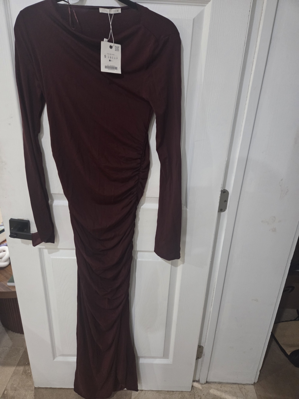 Zara Long Sleeve Ruched Maxi Dress - Burgundy NWT